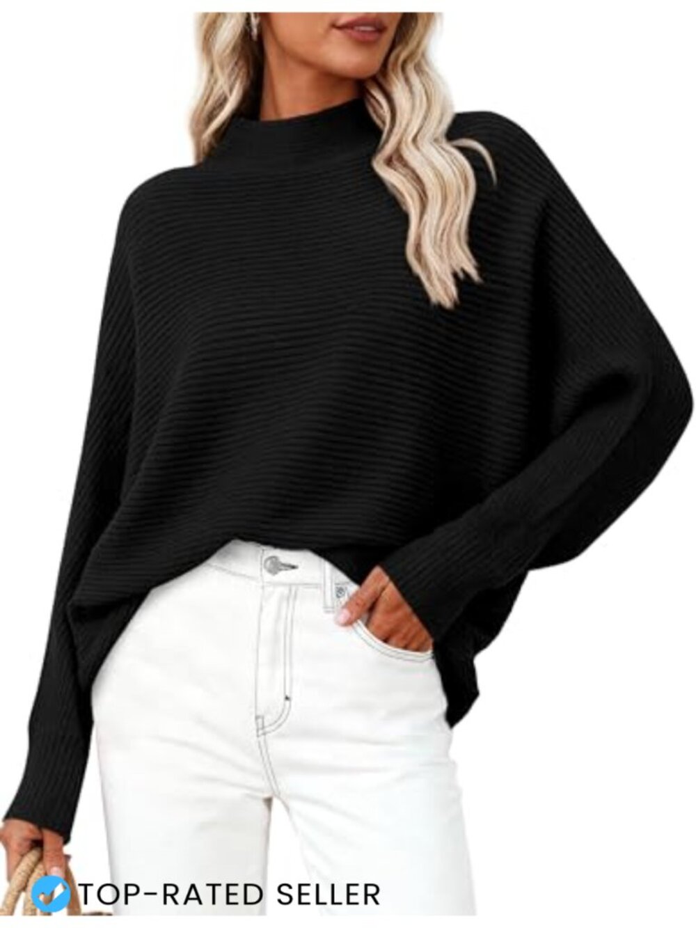 Womens Oversized Ribbed Knit Sweater Mock Neck Batwing Sleeve Pullover